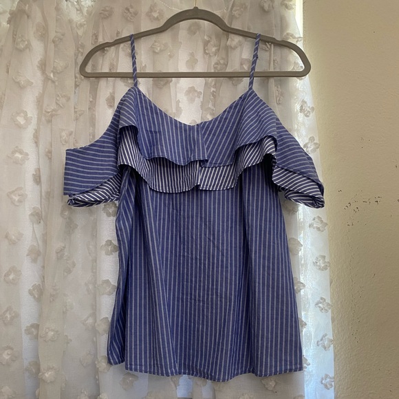 A New Day Blue Denim Pin Stripped Off The Shoulder Blouse w/ ruffles - Picture 4 of 5